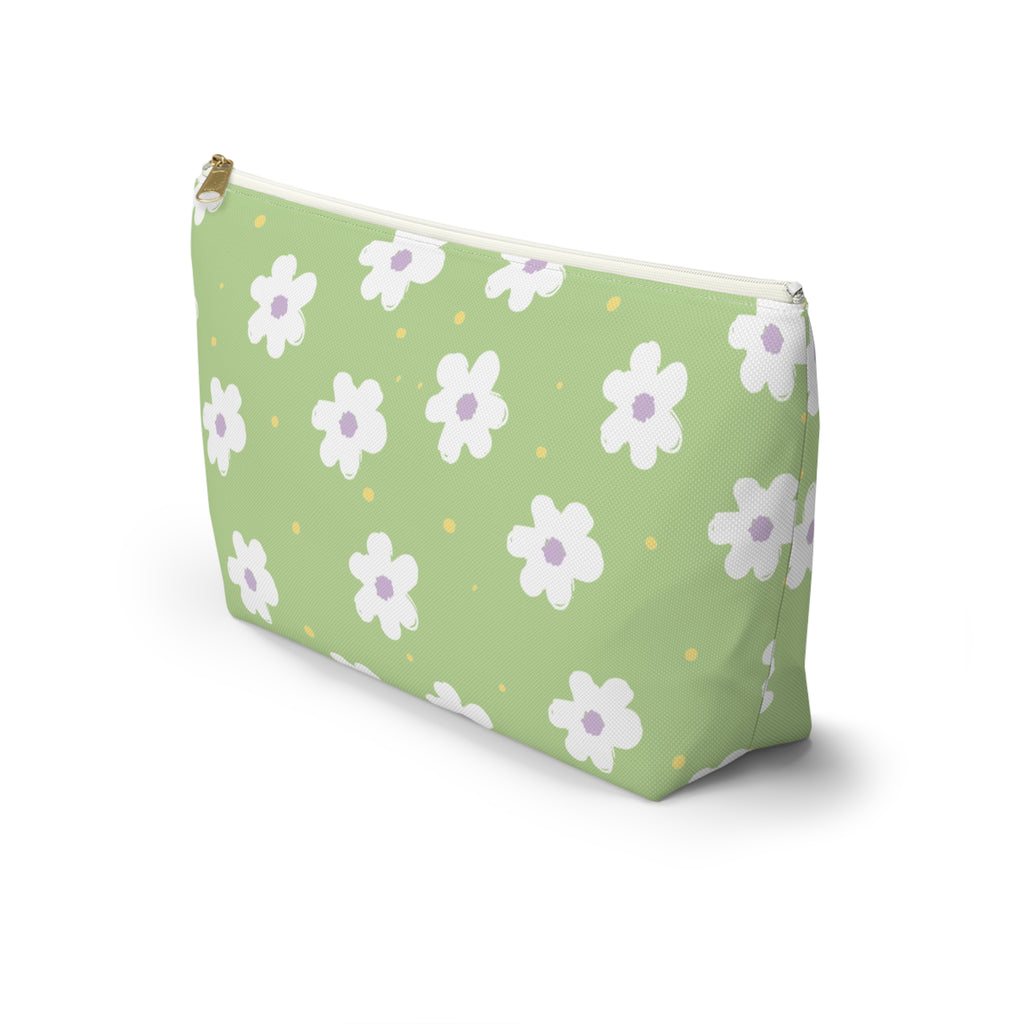 Side view of the green daisy makeup bag with T-bottom shape