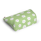 Daisy floral makeup bag lying on its side showing white daisies on mint green