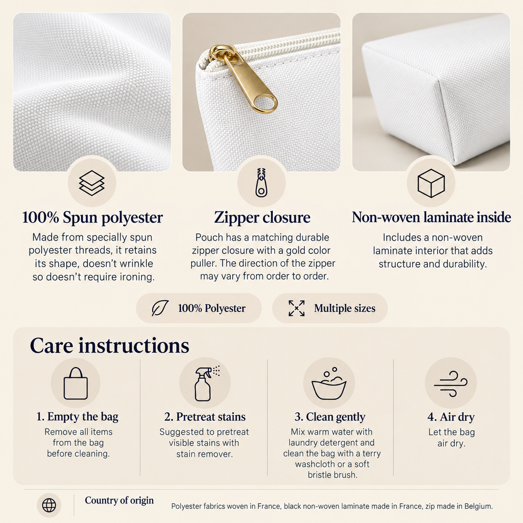 Fabric, zipper and lining details with care instructions for the daisy floral makeup bag