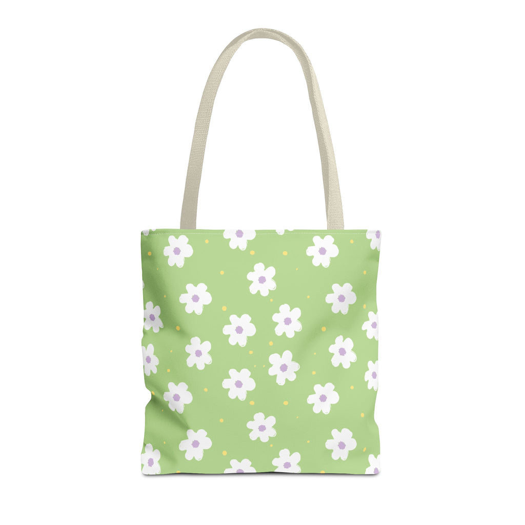 Green daisy floral tote bag with white daisies on mint green, front view