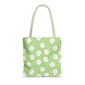 Green daisy floral tote bag with white daisies on mint green, front view