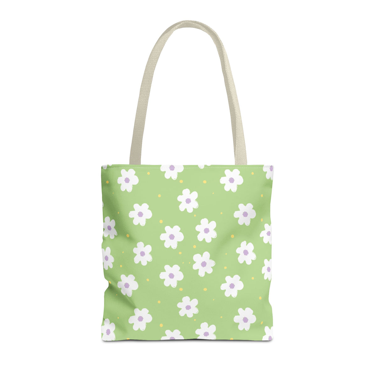 Green daisy floral tote bag with white daisies on mint green, front view