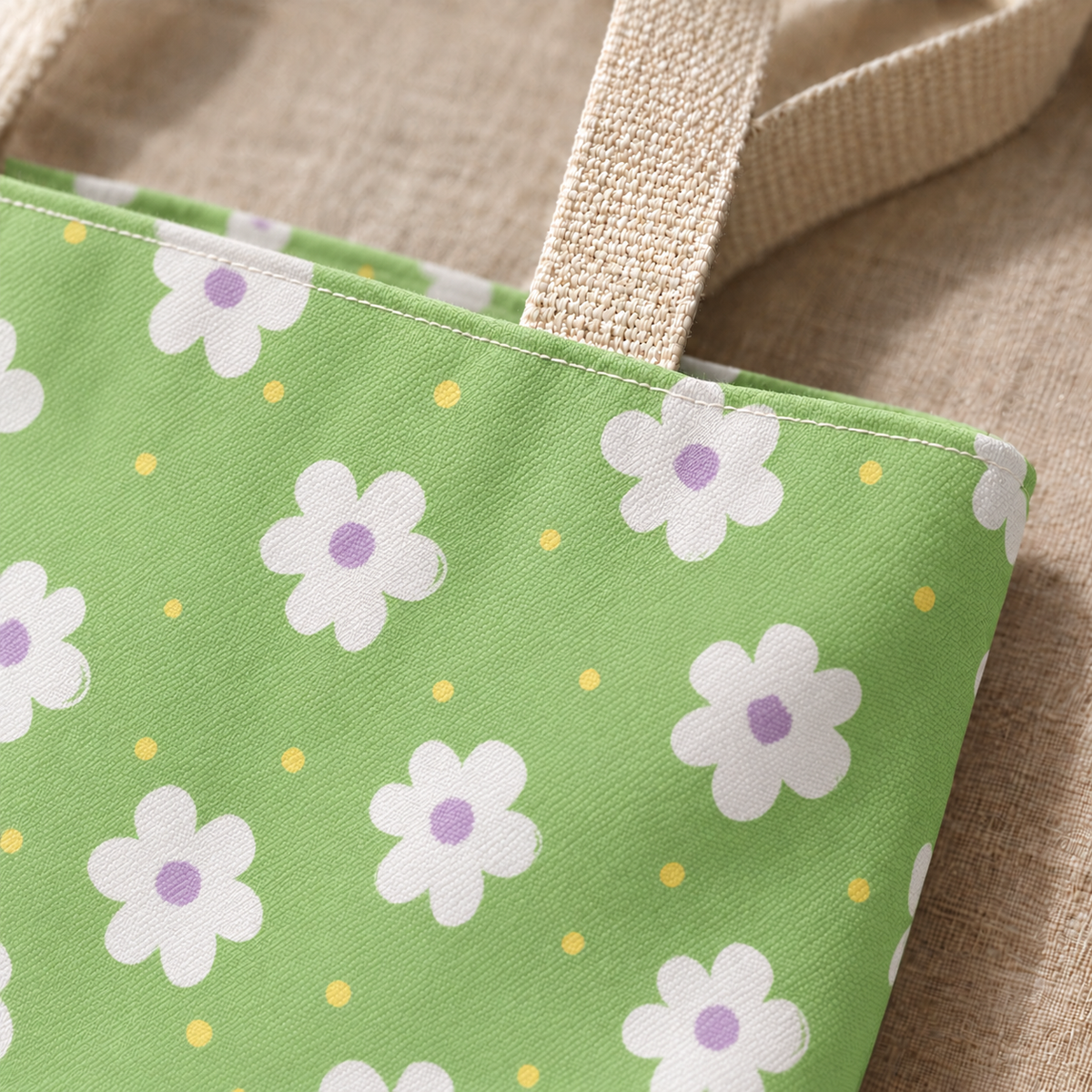 Close-up of white daisies with lilac centers on mint green next to the tote handle