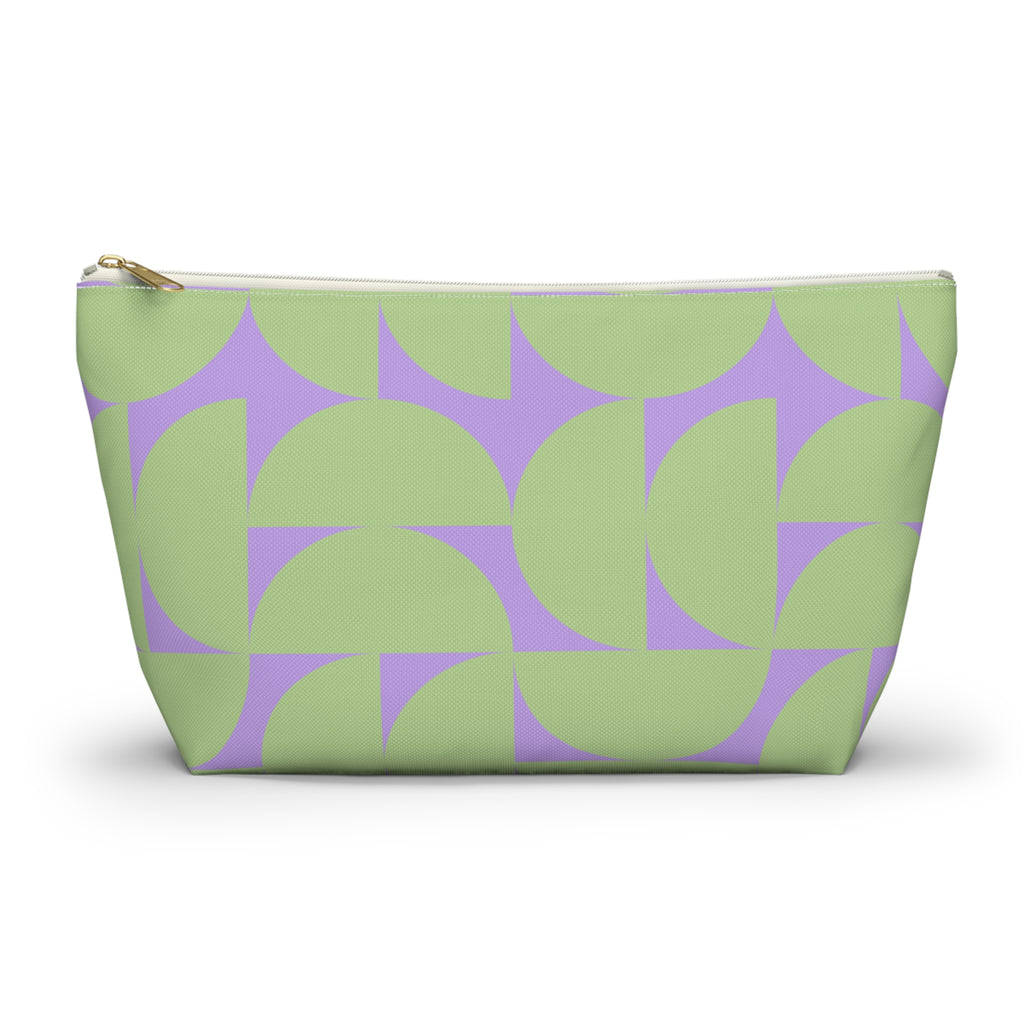 Green lavender half circle makeup bag with gold zipper pull, front view