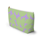 Side view of the green lavender half circle makeup bag with flat T-shaped bottom