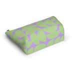 Green lavender half circle makeup bag lying on its side in an angled view