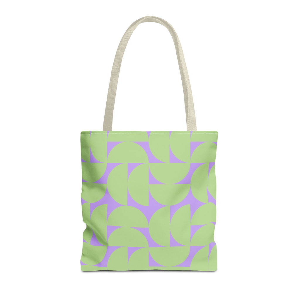 Green lavender half circle tote bag with beige handles, front view on white background