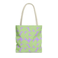 Green lavender half circle tote bag with beige handles, front view on white background
