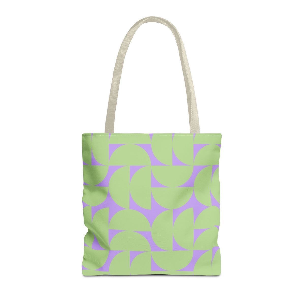 Green lavender half circle tote bag with beige handles, front view on white background