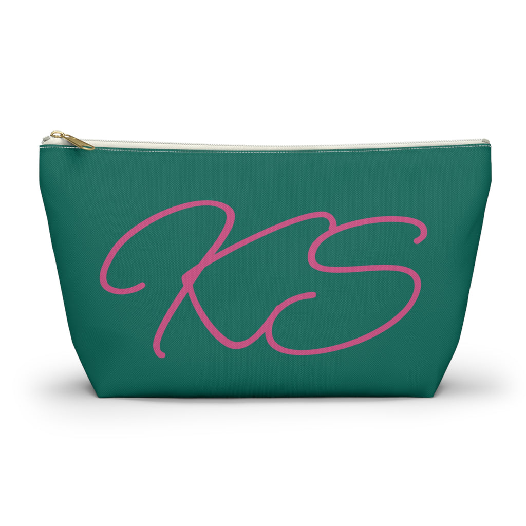 Green Pink Monogram personalized makeup bag front view with T-bottom