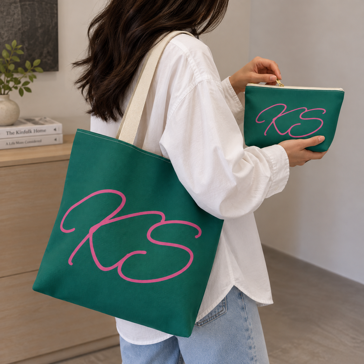 Woman carrying the matching tote bag and Green Pink Monogram personalized makeup bag