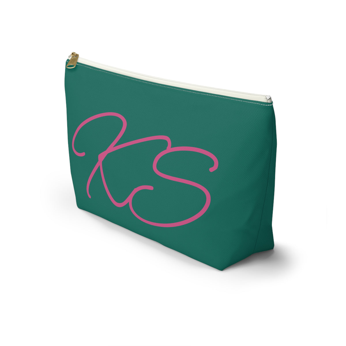 Side view of the Green Pink Monogram personalized makeup bag