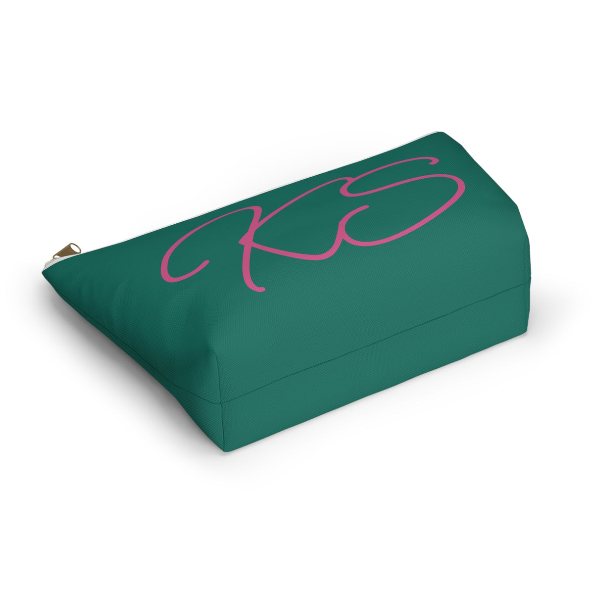 Green Pink Monogram personalized makeup bag shown at an angle