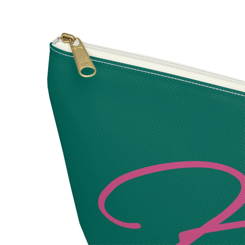 Close-up of the gold zipper pull on the Green Pink Monogram personalized makeup bag