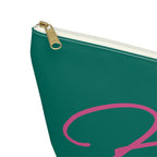 Close-up of the gold zipper pull on the Green Pink Monogram personalized makeup bag
