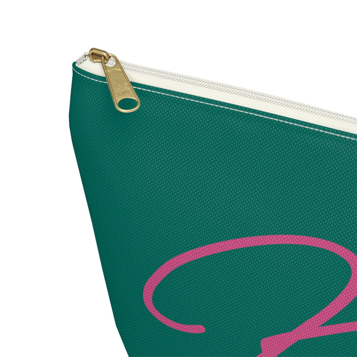 Close-up of the gold zipper pull on the Green Pink Monogram personalized makeup bag