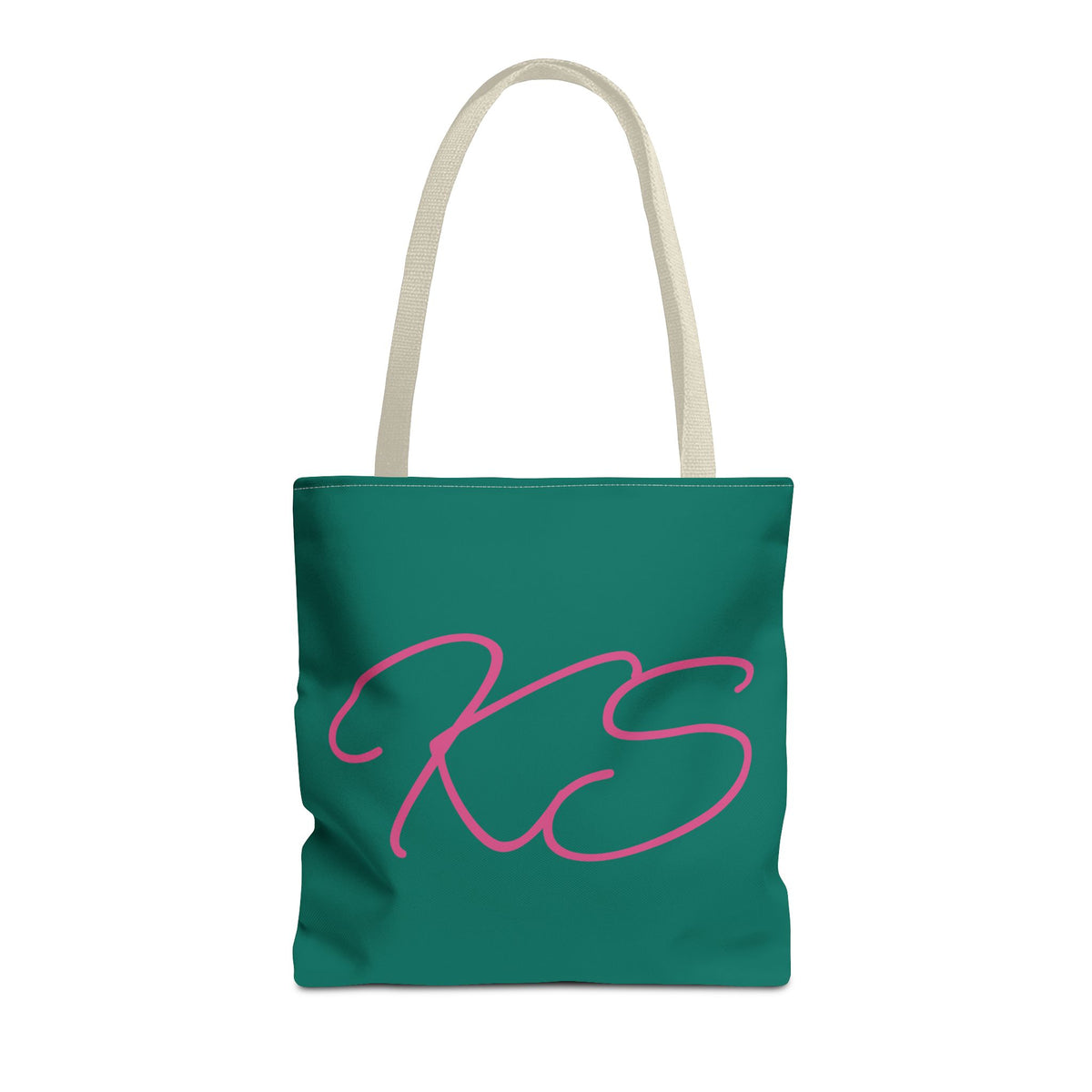 Green Pink Monogram personalized tote bag front view with cream handles