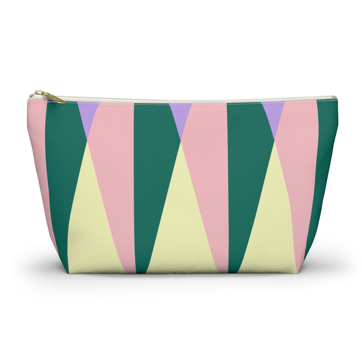 Green pink triangle makeup bag with gold zipper pull, front view on white background