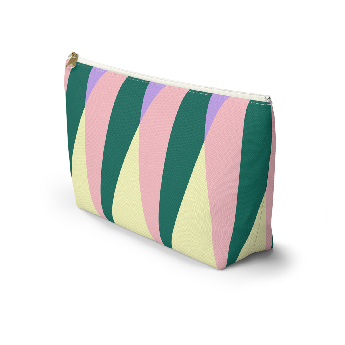 Side view of the green pink triangle makeup bag with T-bottom shape