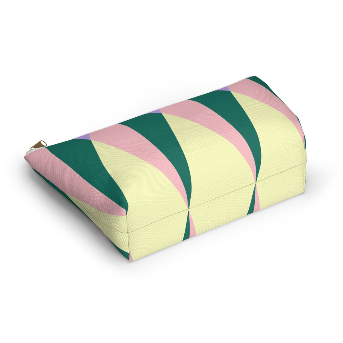 Triangle makeup bag lying on its side showing emerald, pink and yellow triangles
