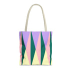 Green pink triangle tote bag with emerald, pink, yellow and lilac triangles, front view