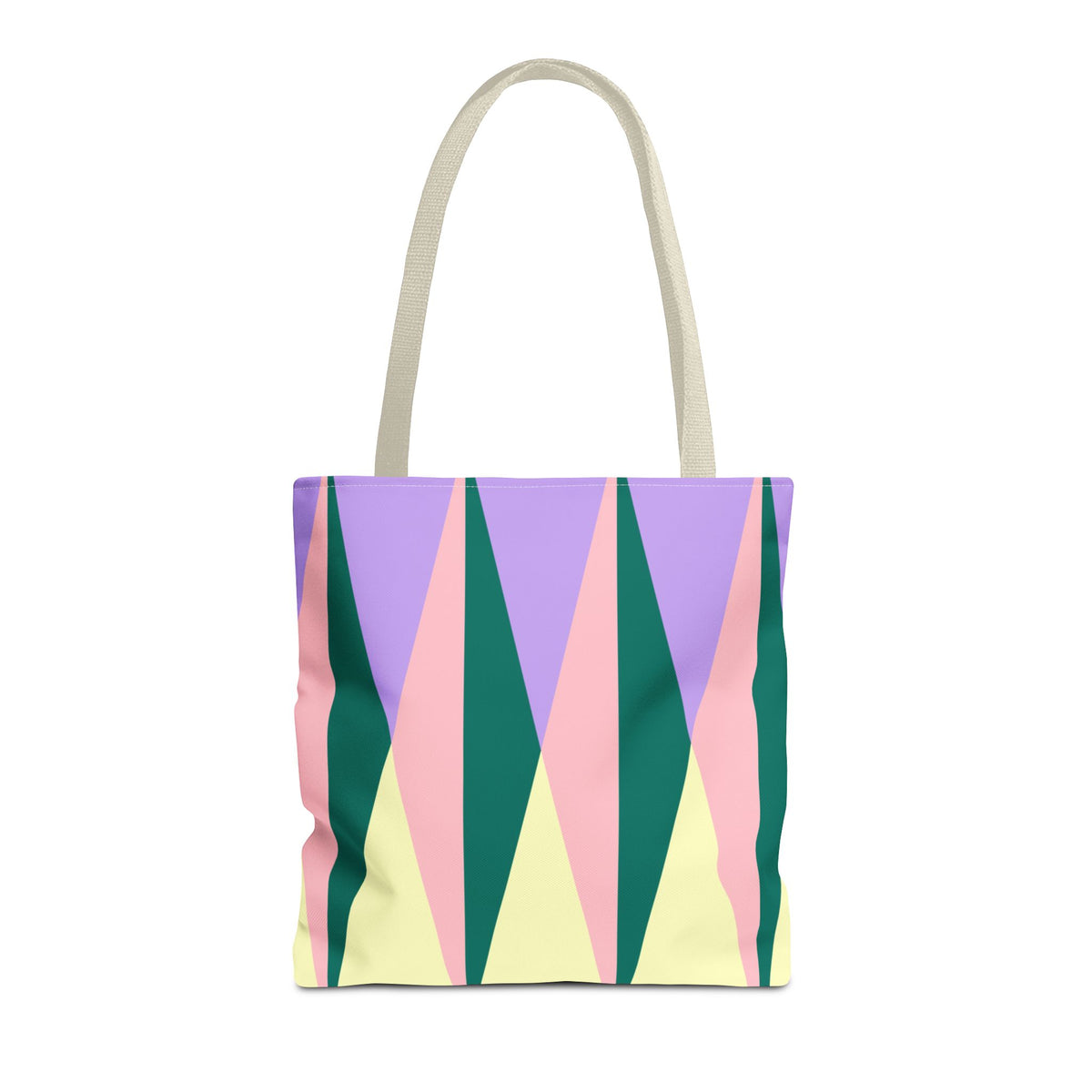 Green pink triangle tote bag with emerald, pink, yellow and lilac triangles, front view