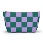 Green purple checkered makeup bag front view on white background