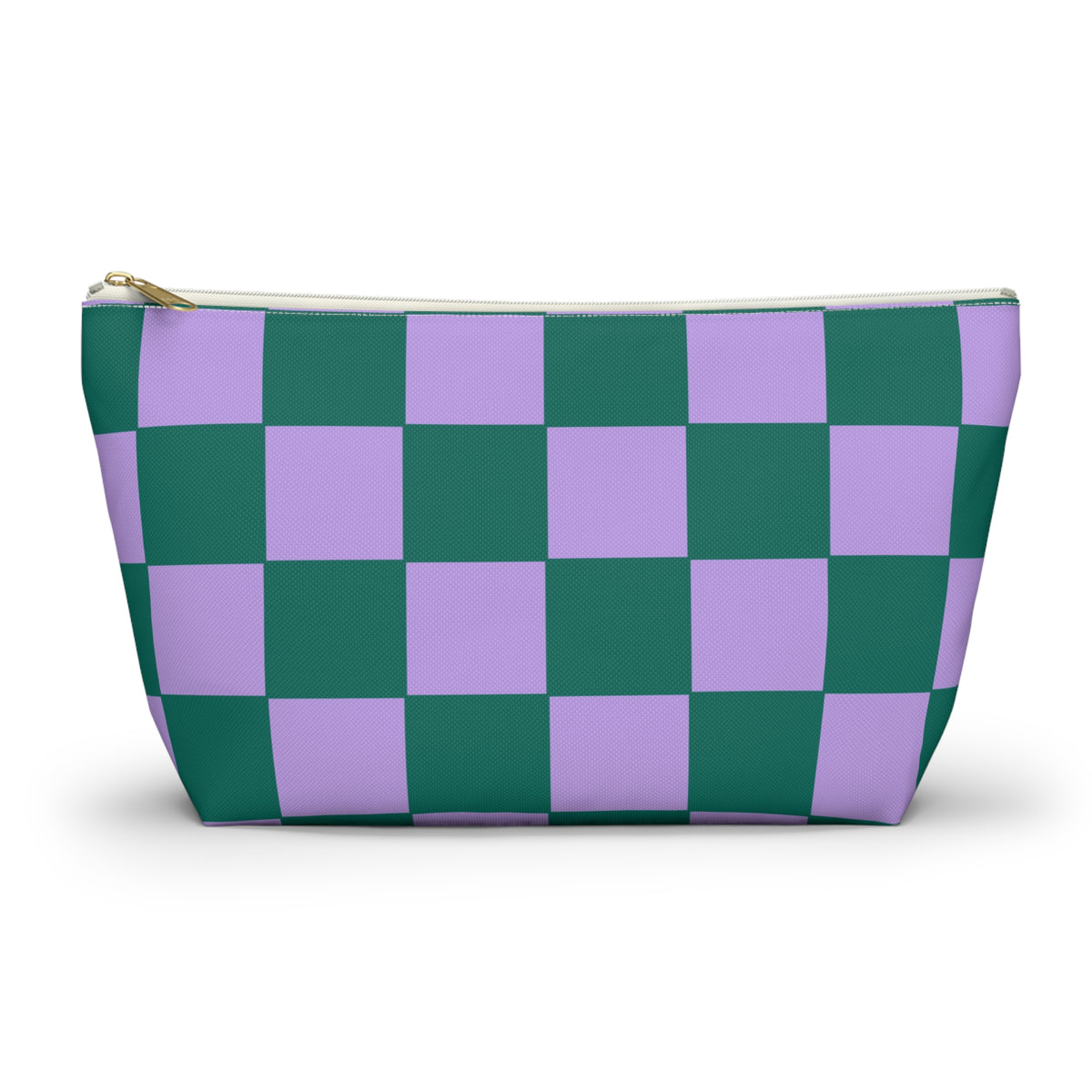 Green purple checkered makeup bag front view on white background