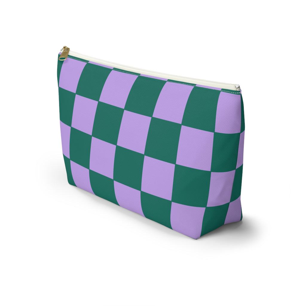 Side view of the green purple checkered makeup bag with T-shaped bottom