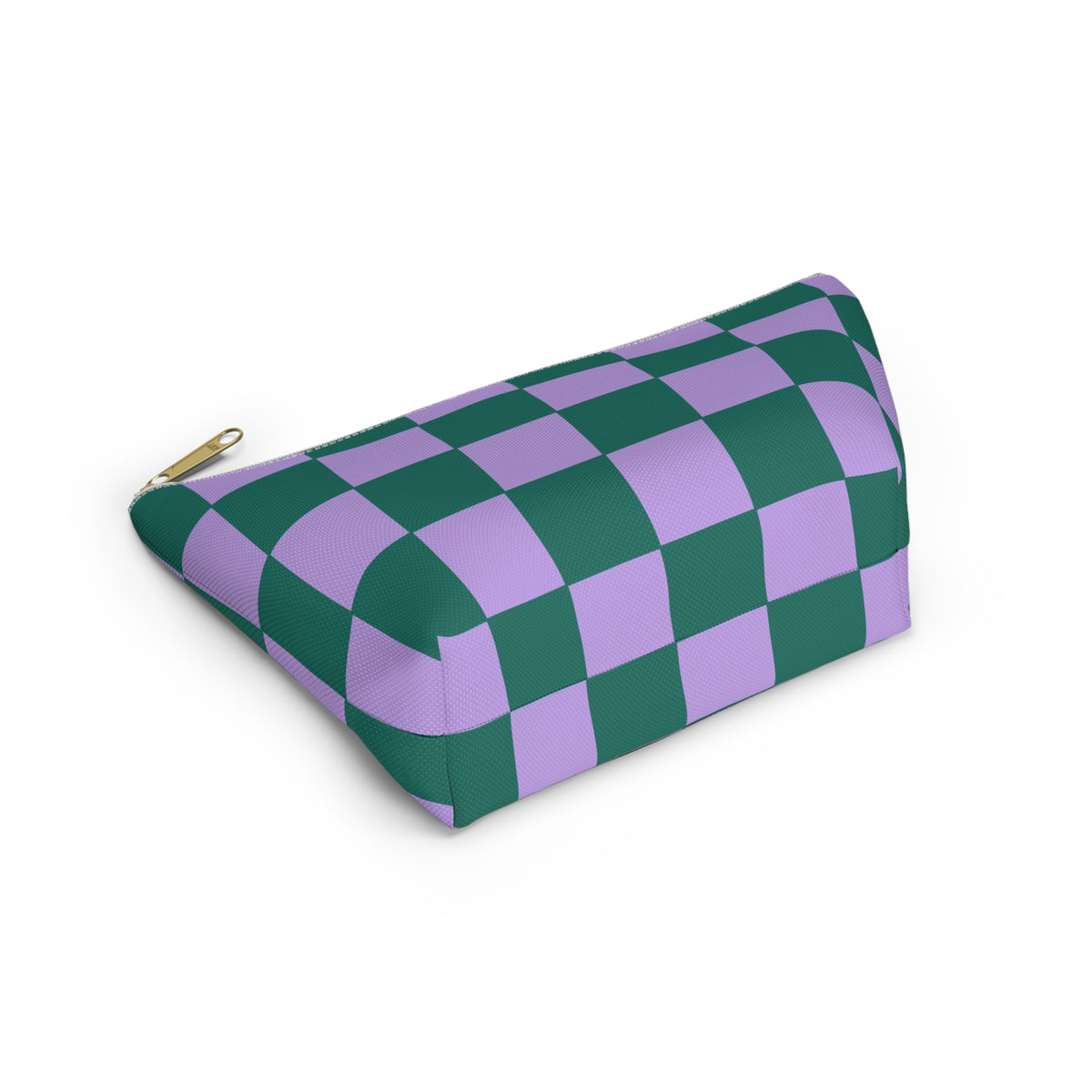 Green purple checkered makeup bag lying on its side