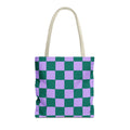Green purple checkered tote bag front view on white background