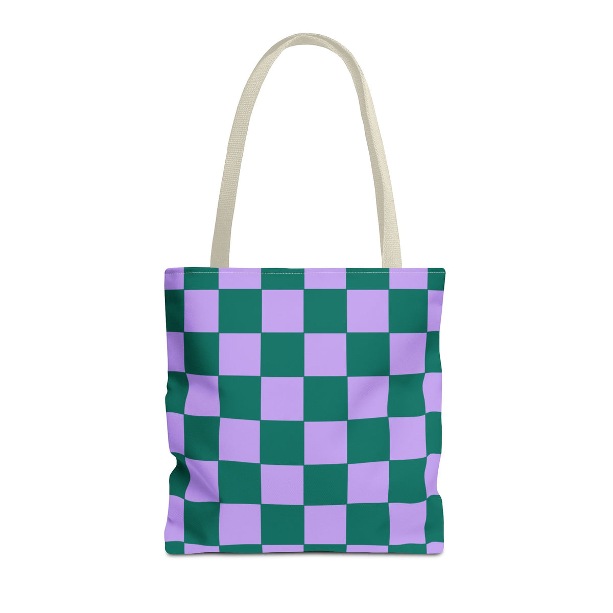Green purple checkered tote bag front view on white background
