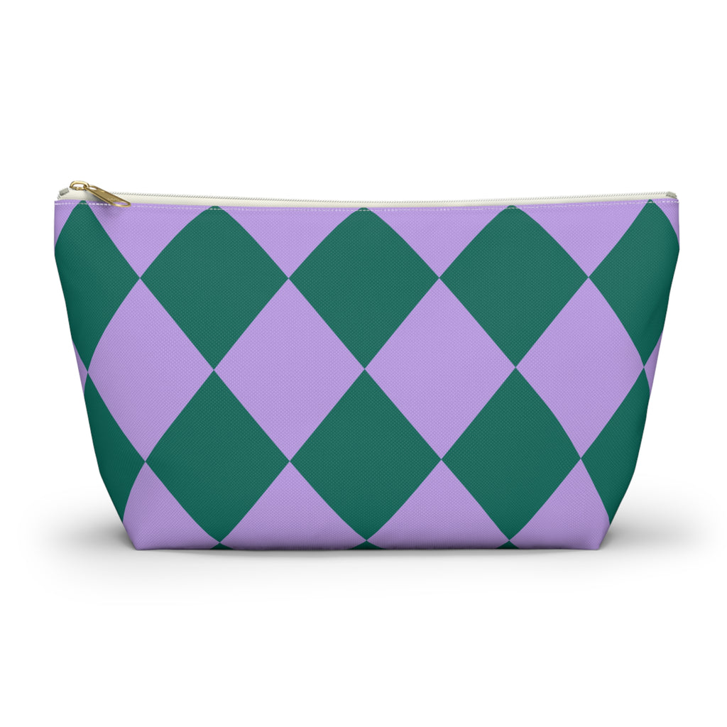 Green purple diamond checkered makeup bag with T-bottom, front view on white