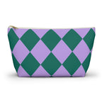 Green purple diamond checkered makeup bag with T-bottom, front view on white