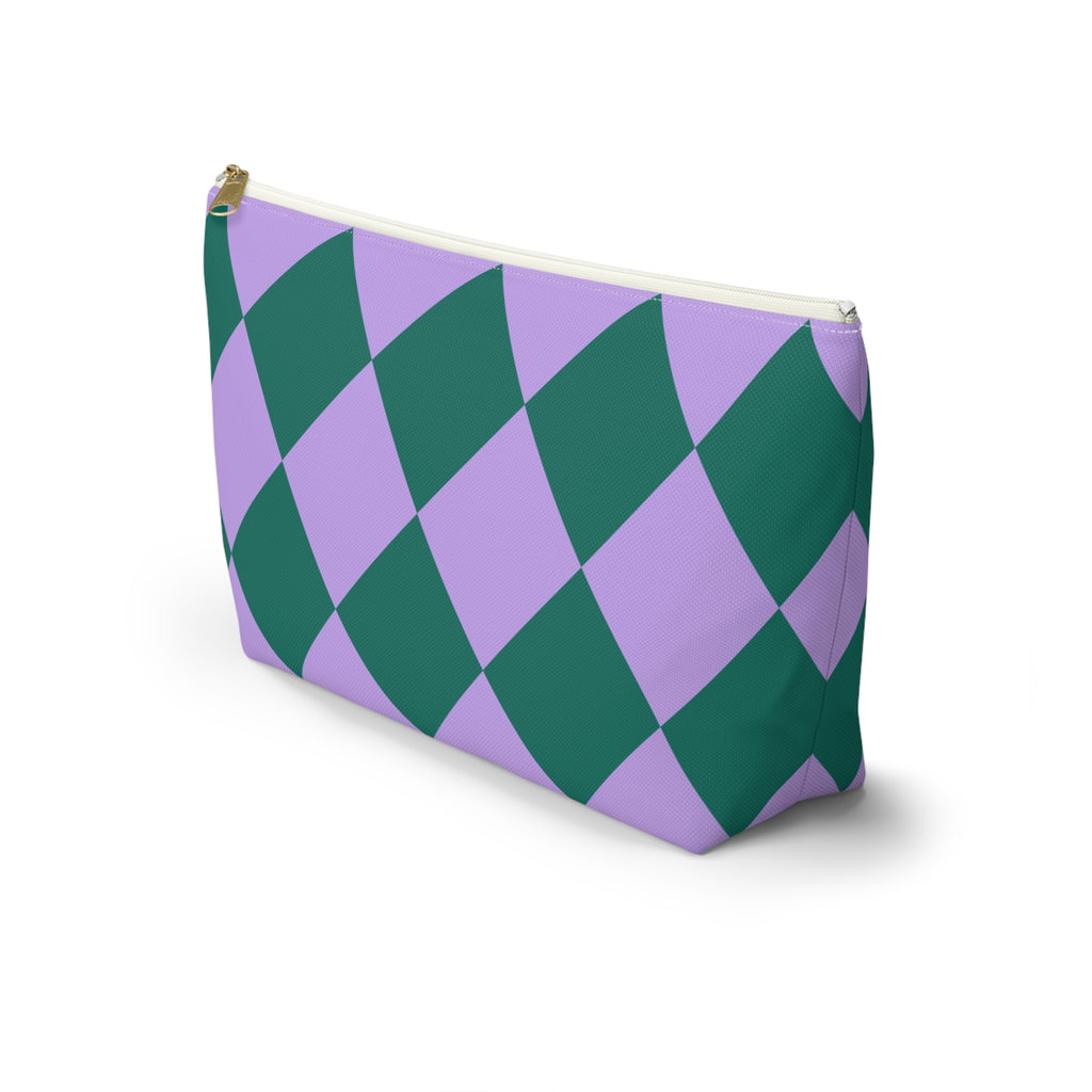 Green purple diamond checkered makeup bag standing at an angle