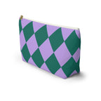 Green purple diamond checkered makeup bag standing at an angle