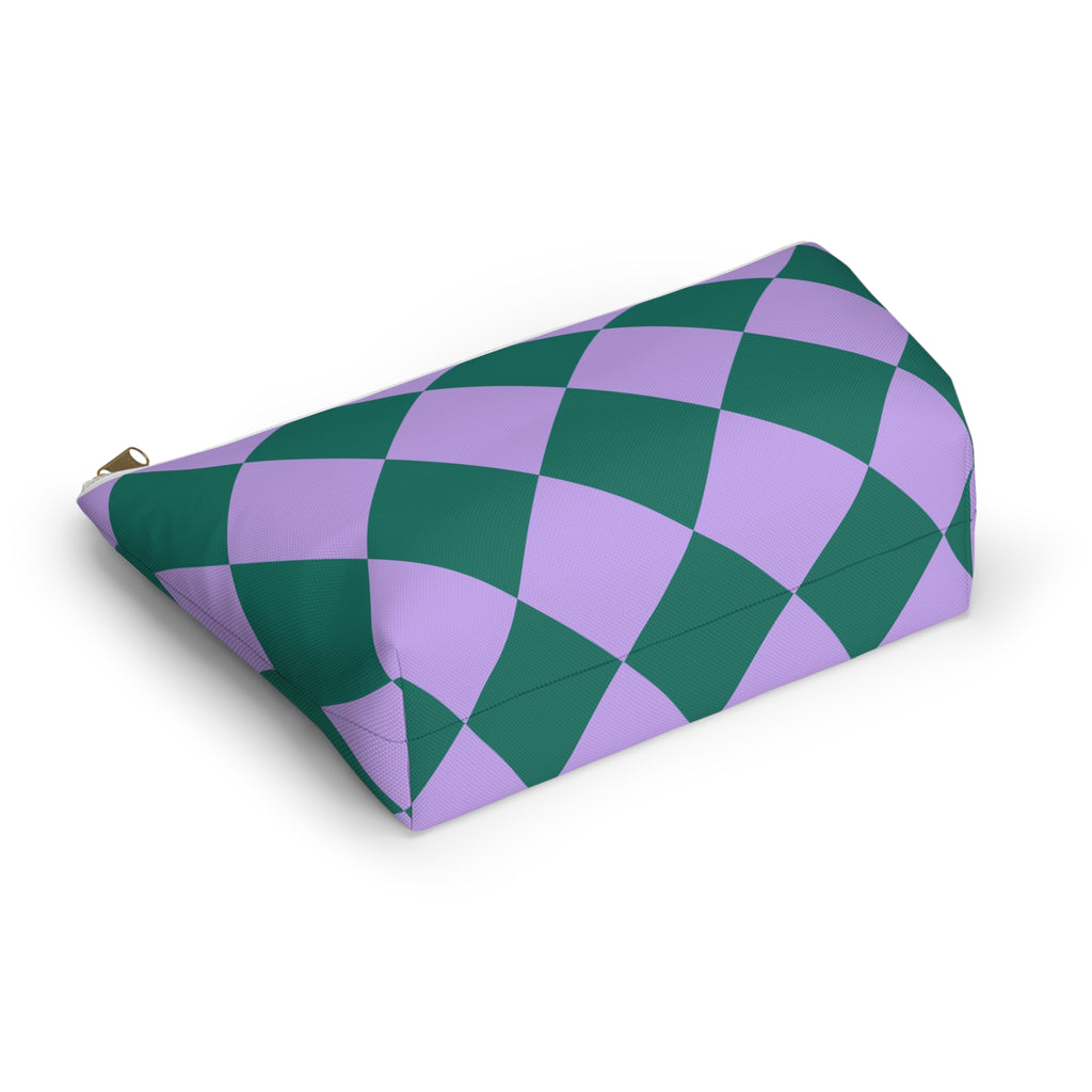 Side view of the green purple diamond checkered makeup bag lying down