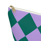 Close-up of the gold zipper pull and emerald lilac diamond checks on the makeup bag