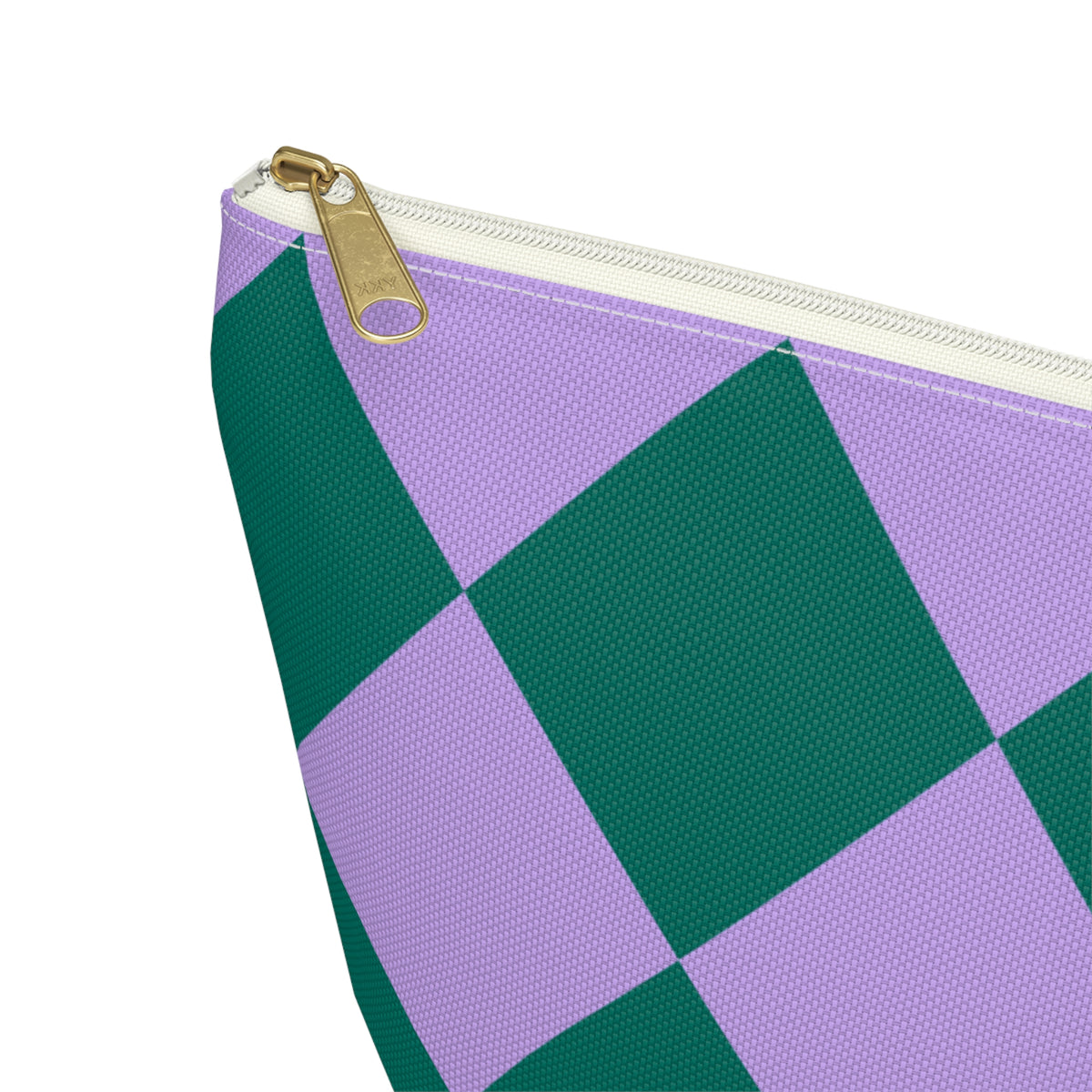 Close-up of the gold zipper pull and emerald lilac diamond checks on the makeup bag