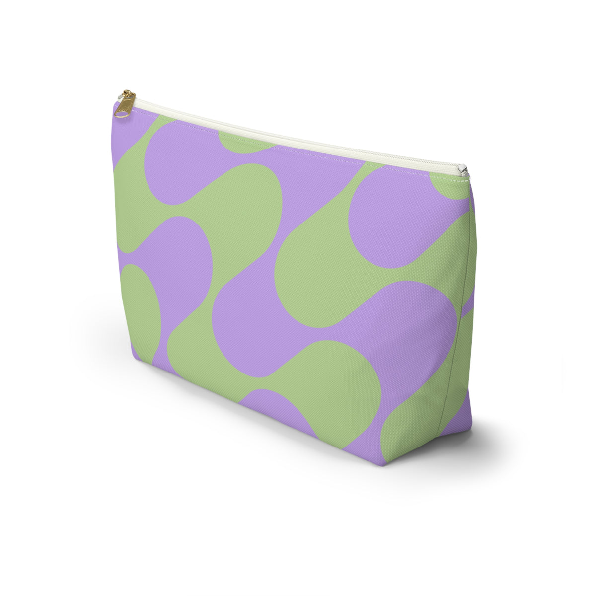 Side view of the green purple geometric makeup bag with T-shaped bottom