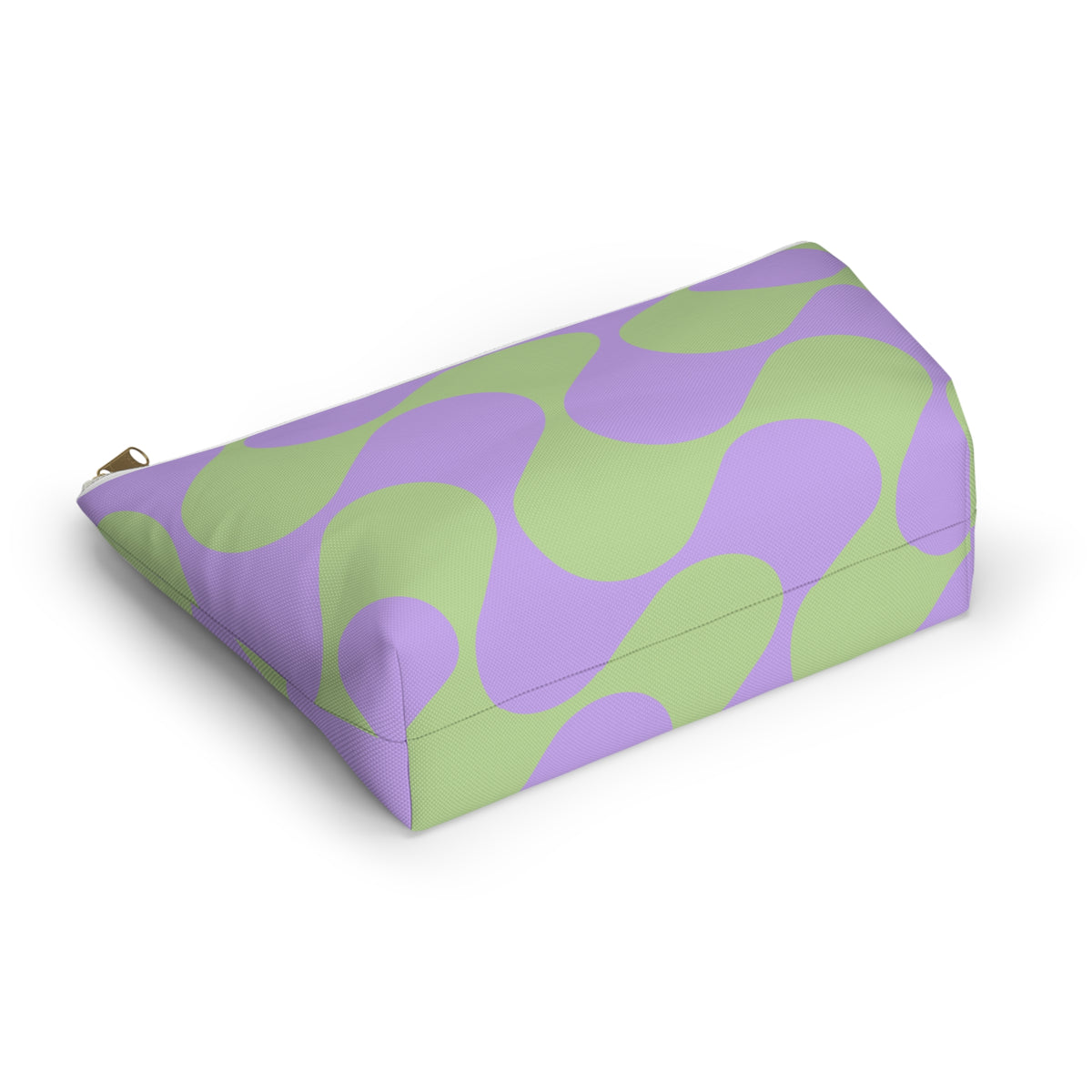 Green purple geometric makeup bag lying on its side