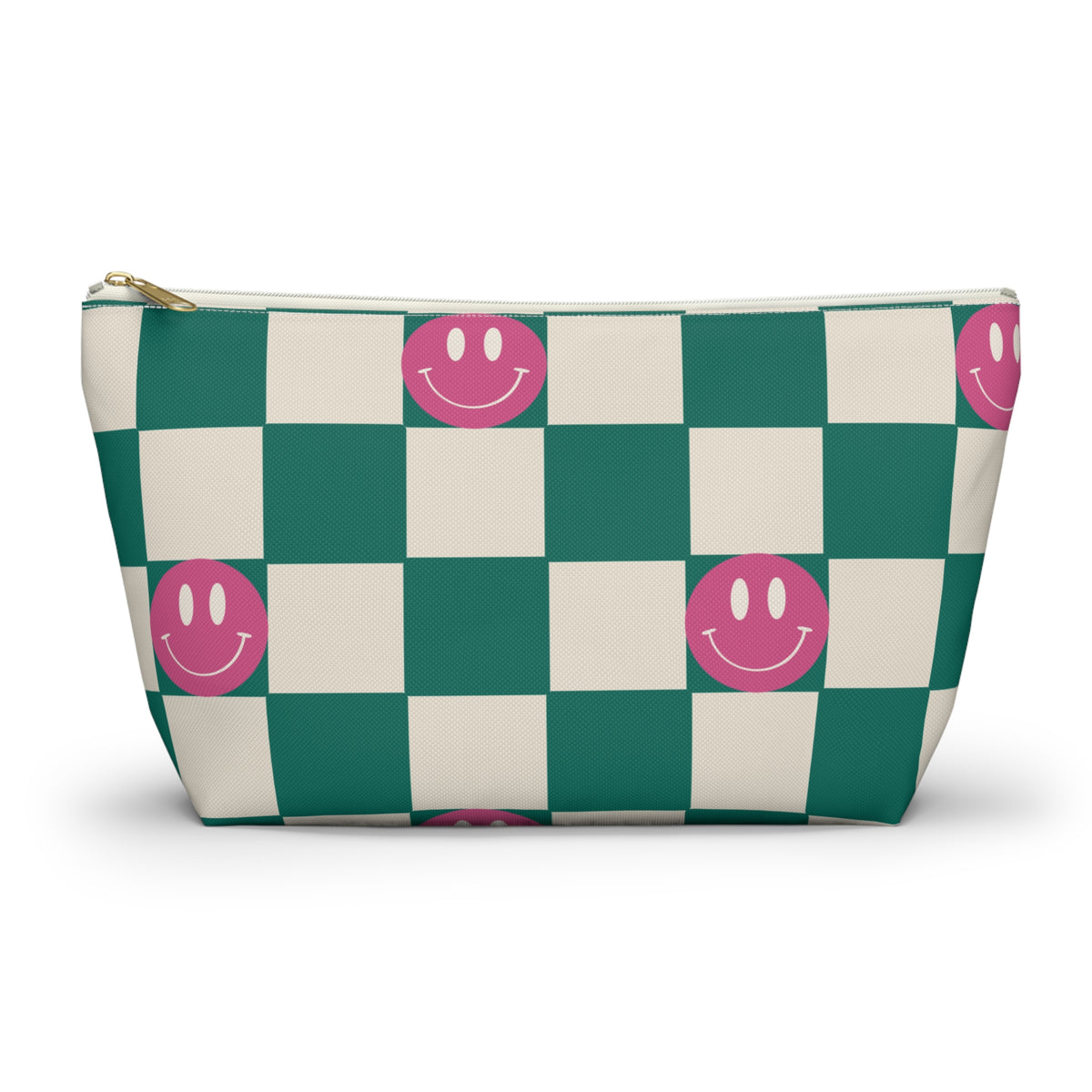 Green and cream checkered makeup bag with pink smiley faces and gold zipper pull on a white background