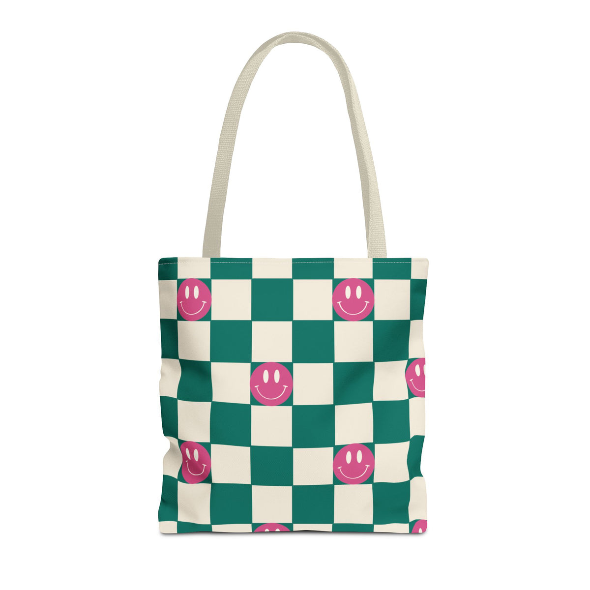 Green and cream checkered tote bag with pink smiley faces and cream handles on a white background