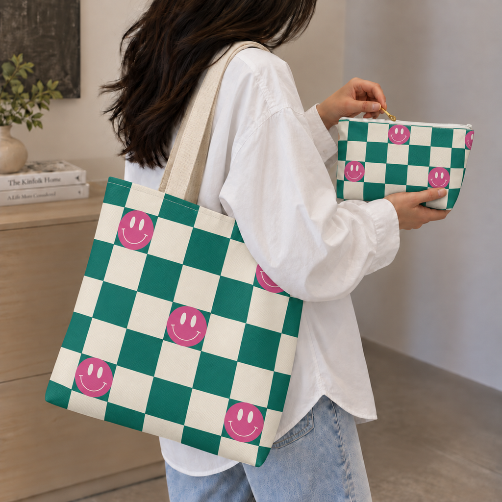 Woman carrying the smiley checkered tote bag with the matching makeup bag