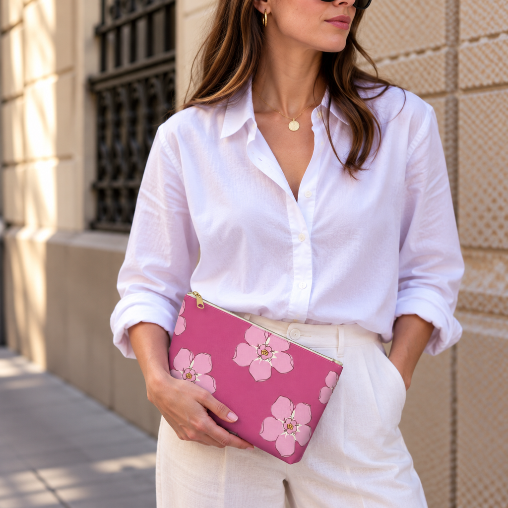 Model in a white shirt holding the hot pink blossom makeup bag at her waist