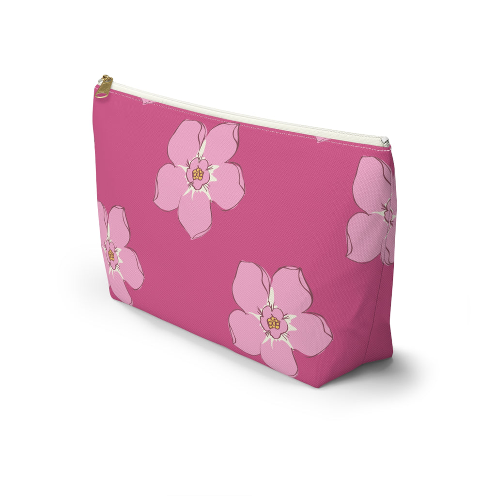 Side view of the hot pink blossom makeup bag with T-bottom shape