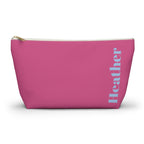 Hot Pink Blue Name personalized makeup bag front view with T-bottom