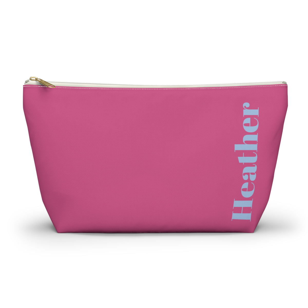 Hot Pink Blue Name personalized makeup bag front view with T-bottom