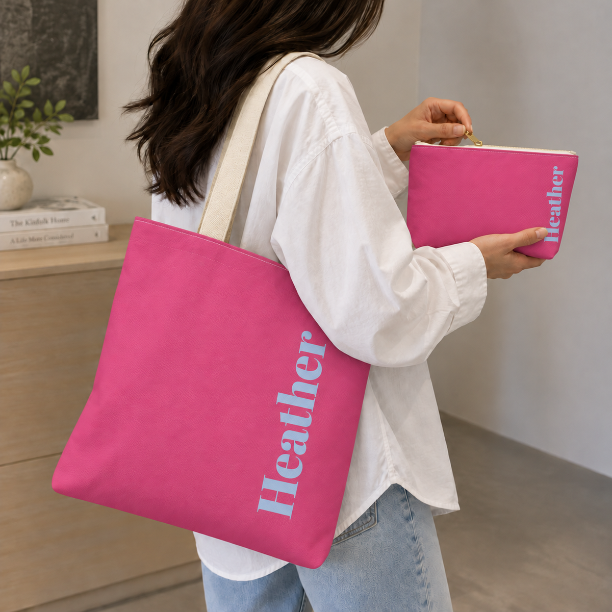 Woman carrying the matching tote bag and Hot Pink Blue Name personalized makeup bag