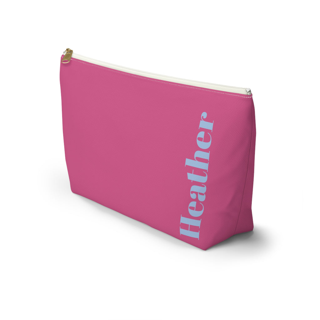 Side view of the Hot Pink Blue Name personalized makeup bag